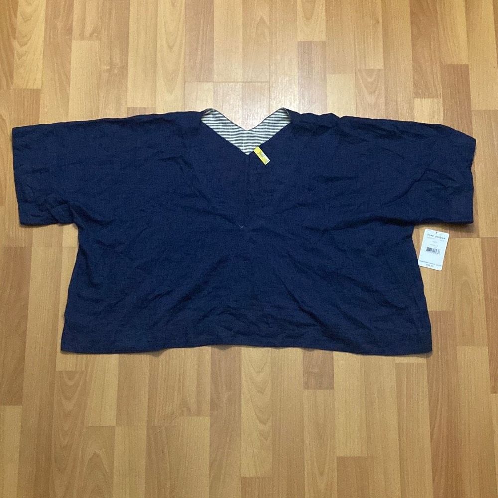 Free People Navy Linen Top Boxy Square Cut Cropped Kimono Sleeves Women S NWT